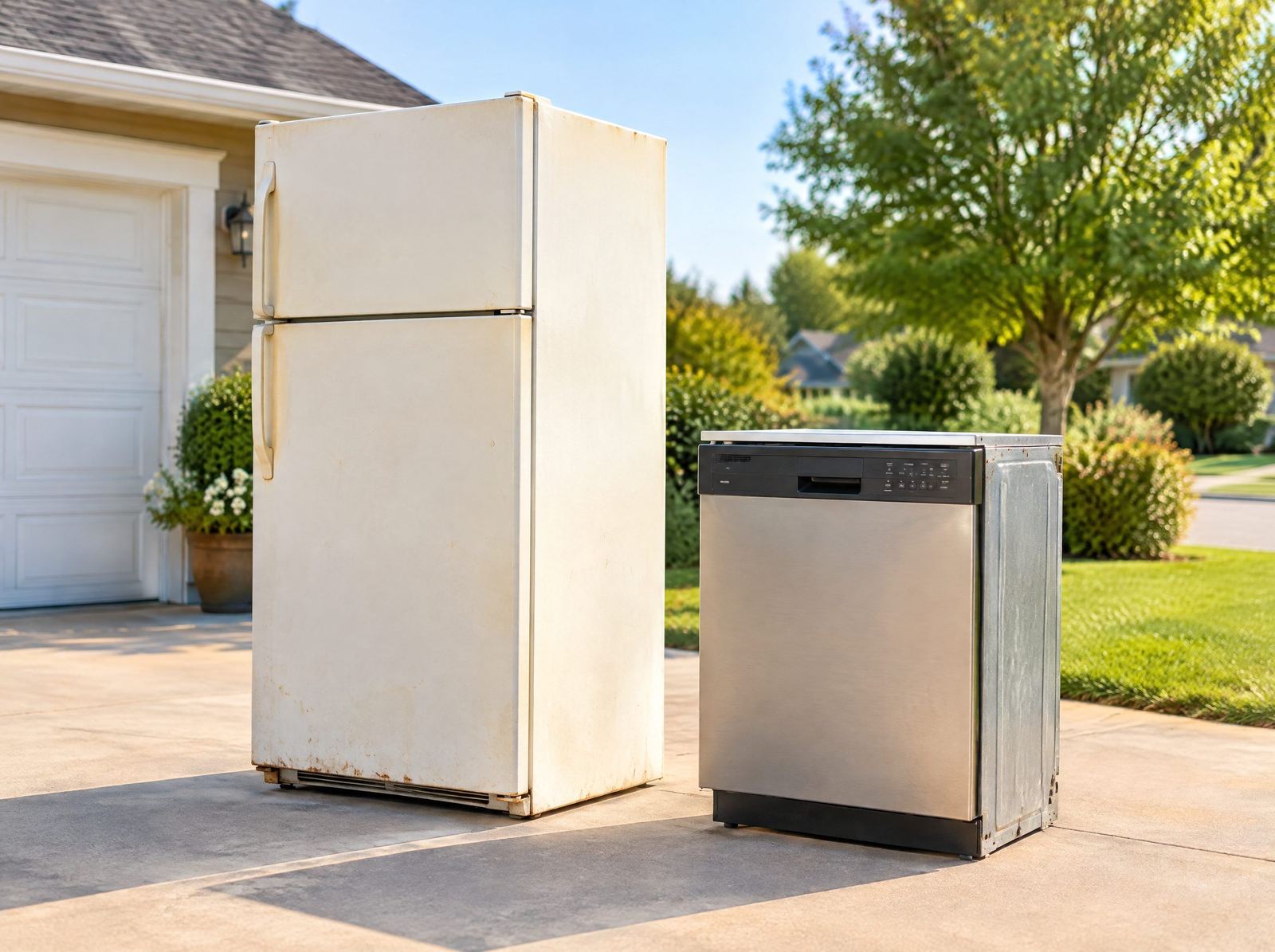 An old refrigerator and dishwasher set out on a driveway for appliance removal