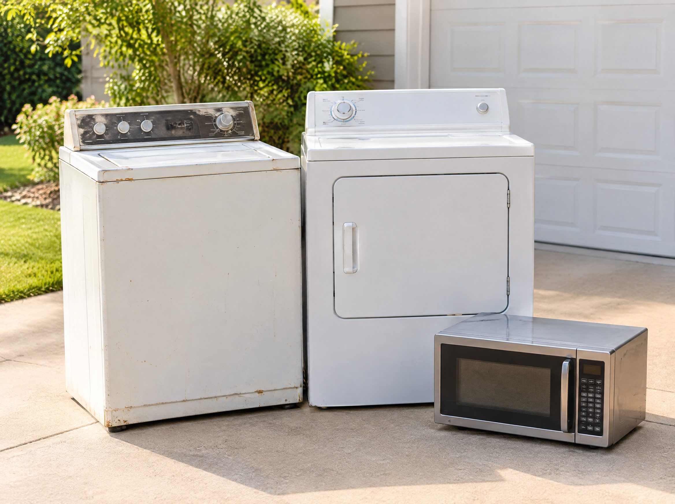 An old washing machine, dryer and microwave set out for appliance removal
