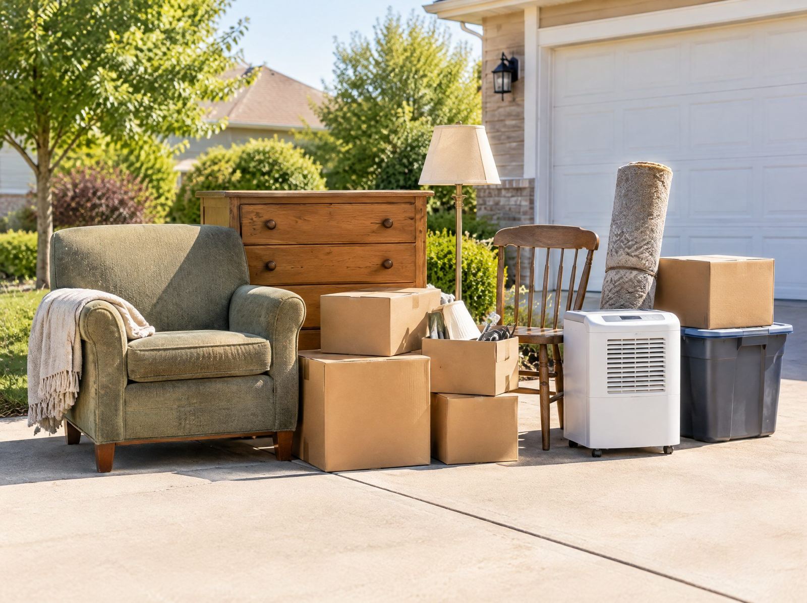 A mixed clear-out of furniture, boxes and household junk on a driveway