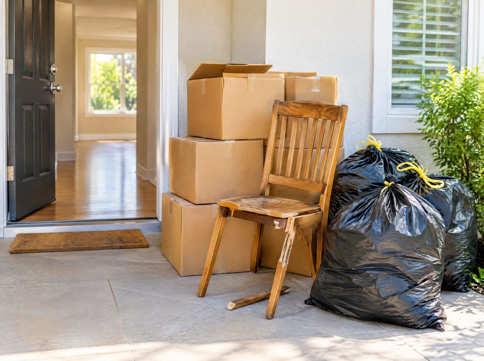 Boxes, a broken chair and rubbish bags left in a vacated rental at end of lease