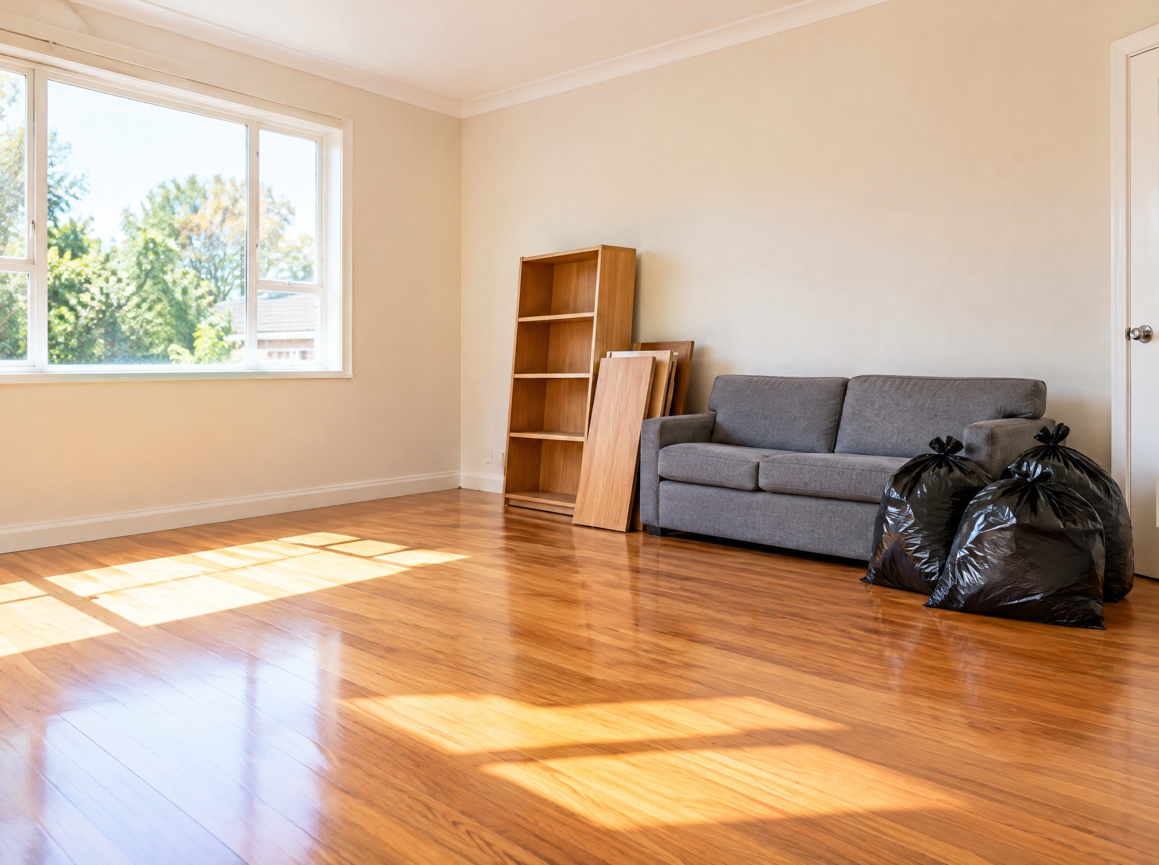 Furniture and tied rubbish bags cleared from a rental at end of lease