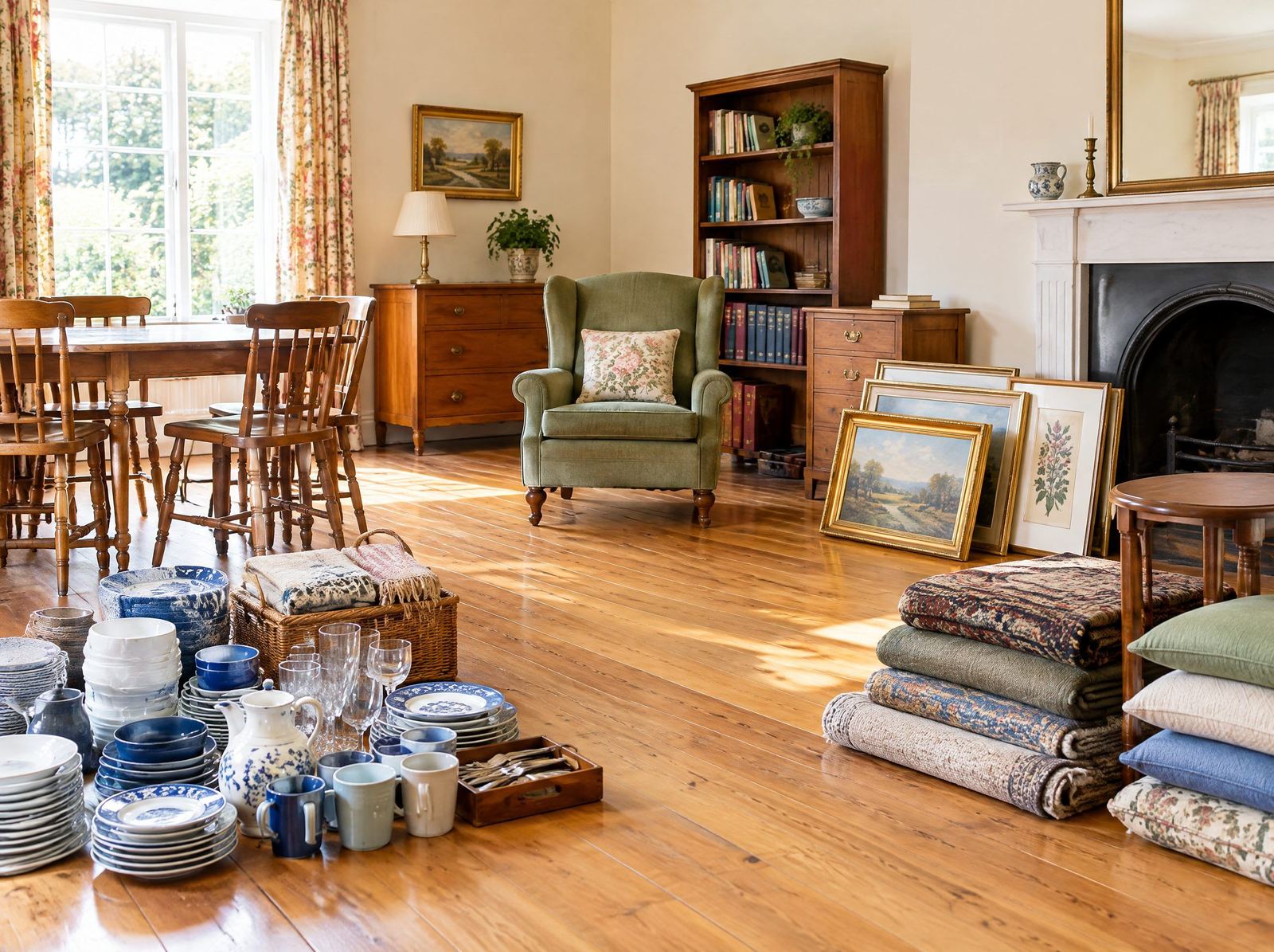 Furniture and homeware sorted into piles for an estate clearance