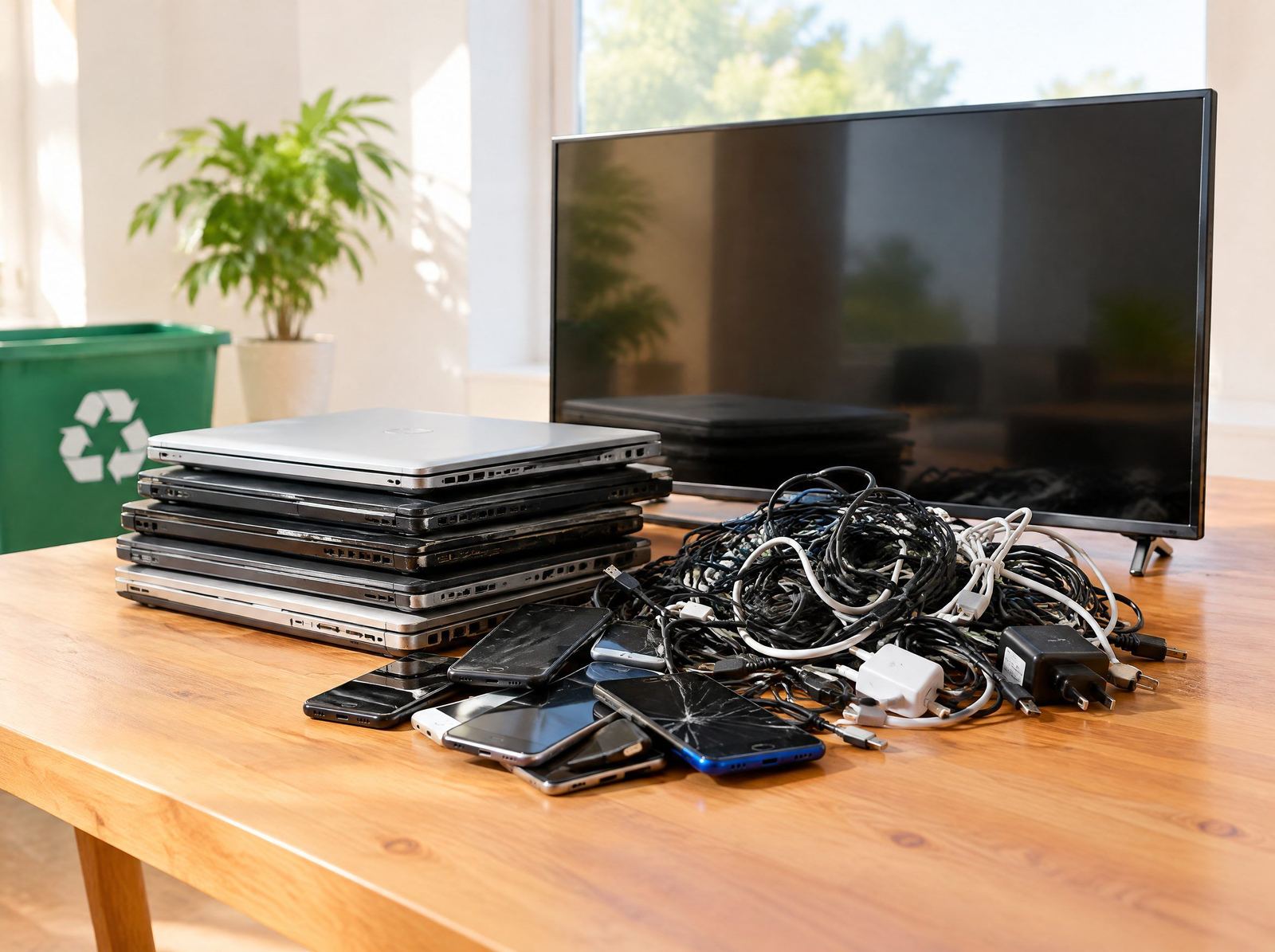 Old laptops, a flat-screen TV, phones and cables grouped for e-waste recycling