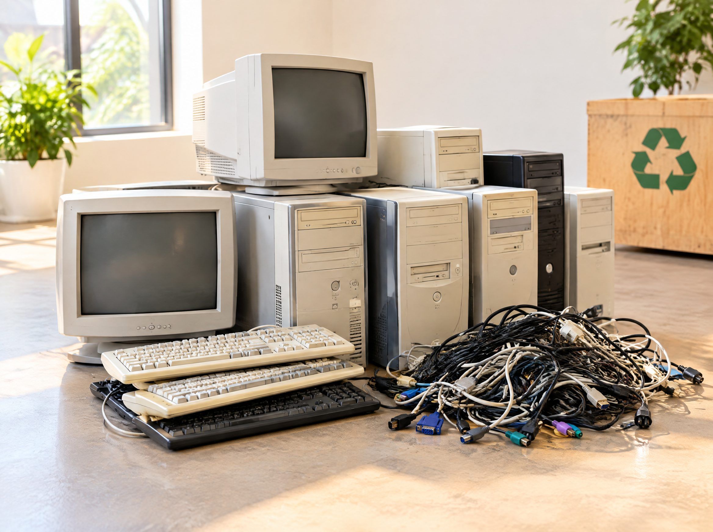 Old computers, monitors and cables collected for e-waste recycling