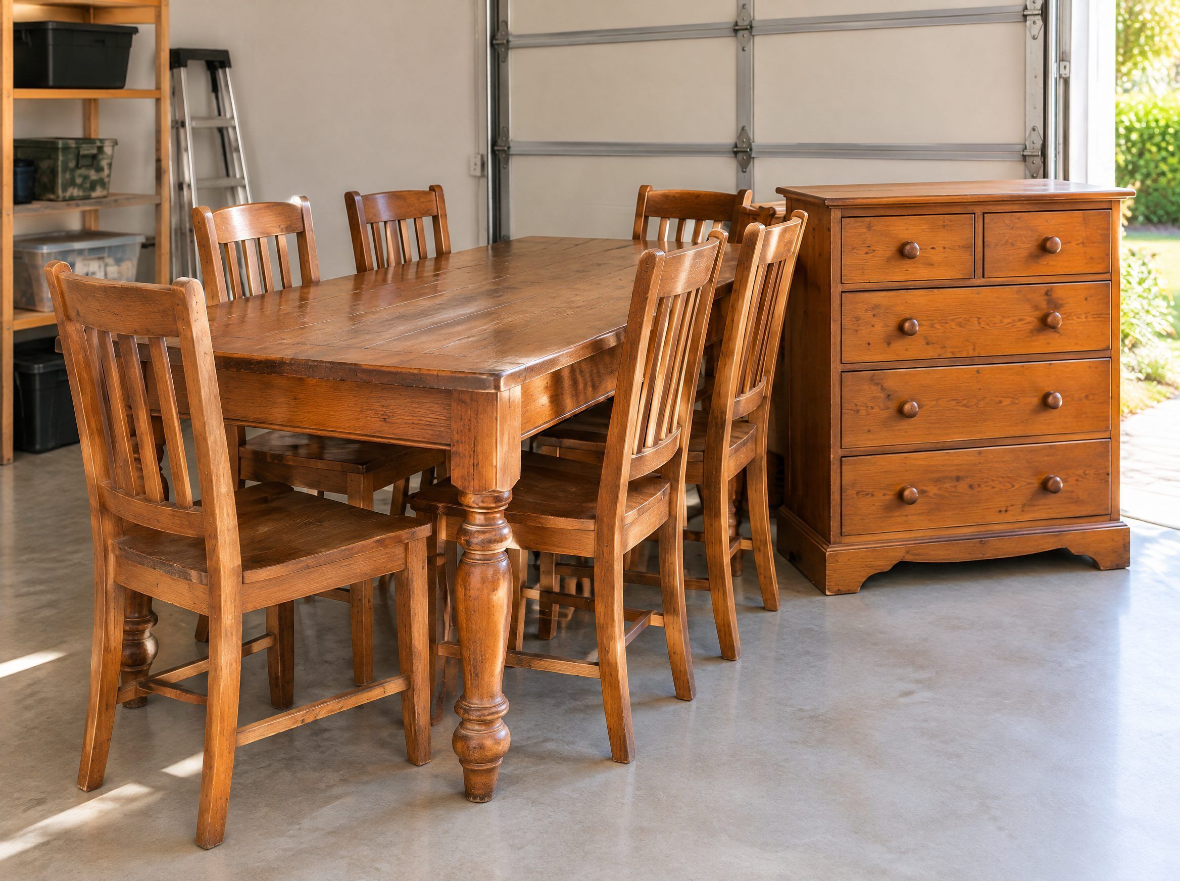 A timber dining table, chairs and chest of drawers stacked for removal