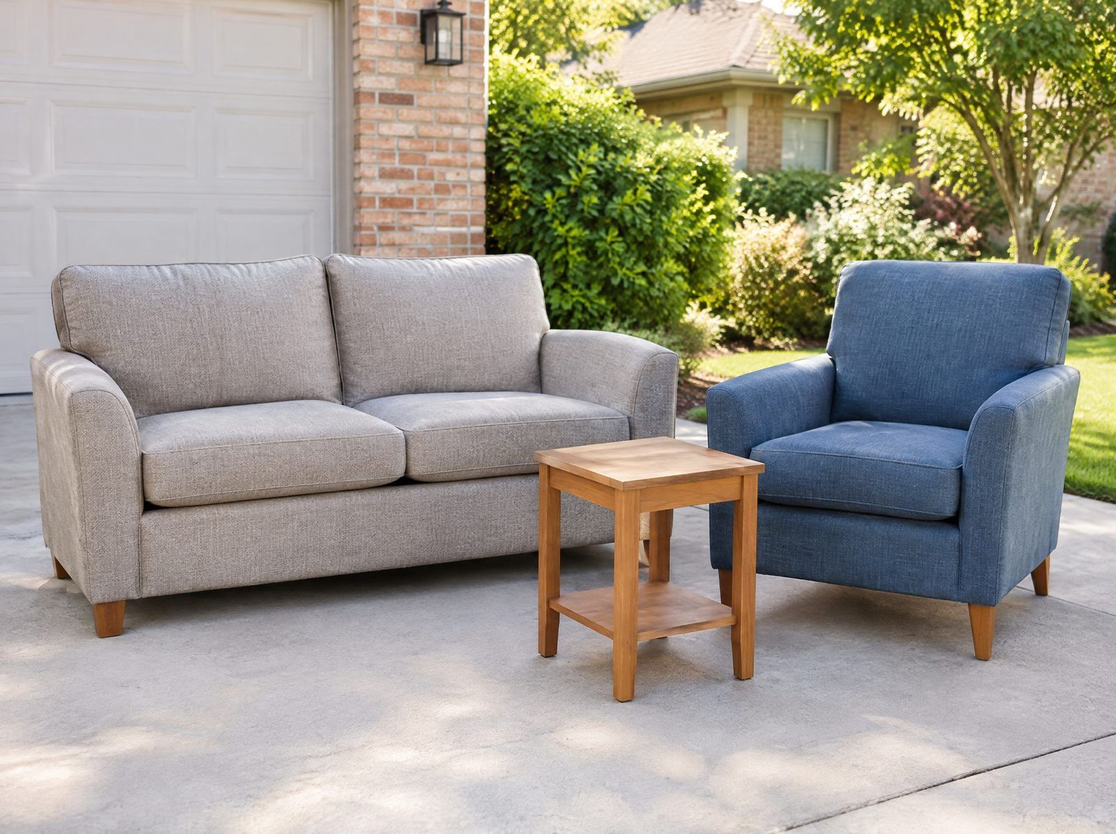 A two-seater sofa, armchair and side table set out for furniture removal