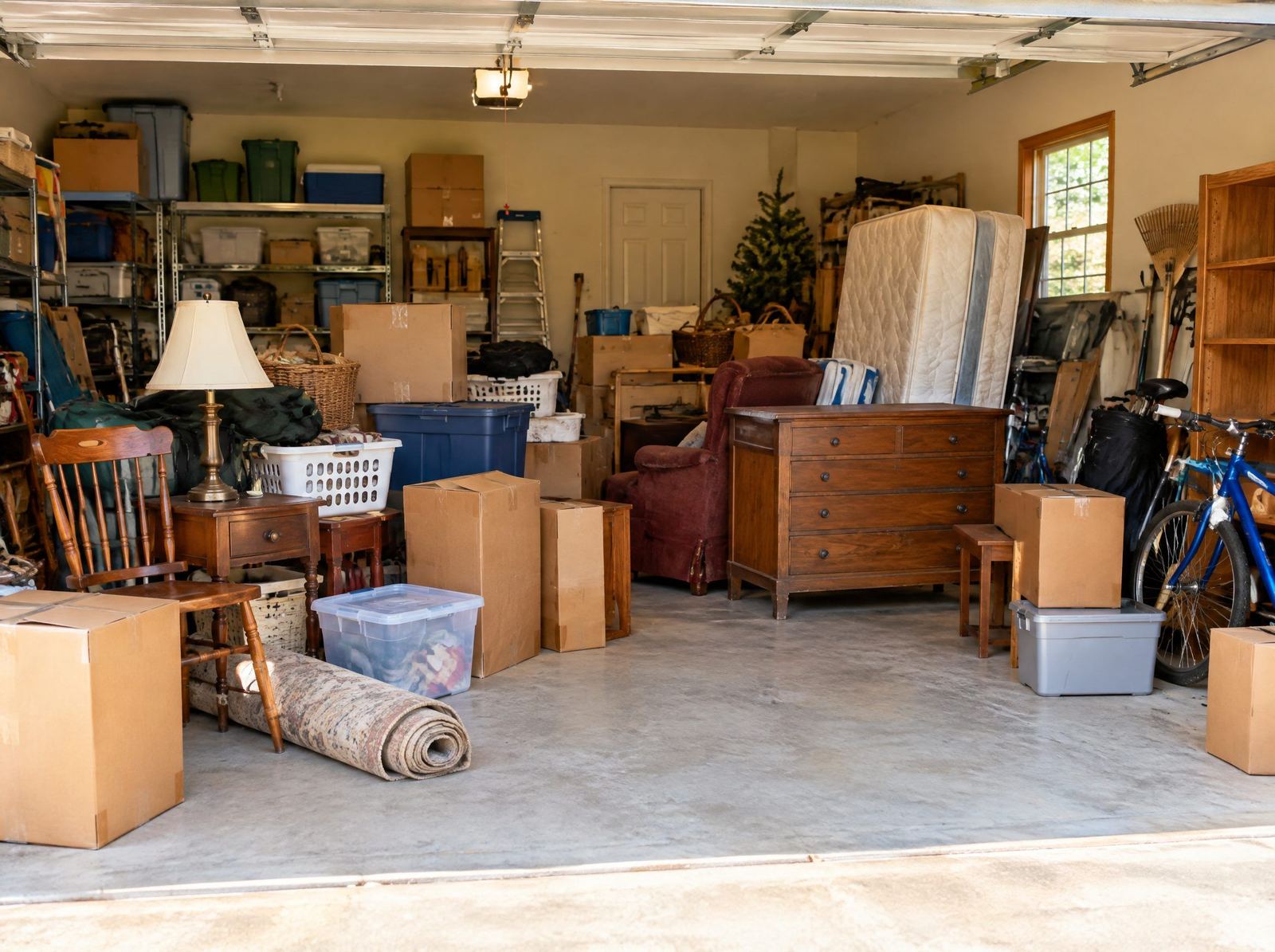 A cluttered garage of unwanted household items before a clean-out