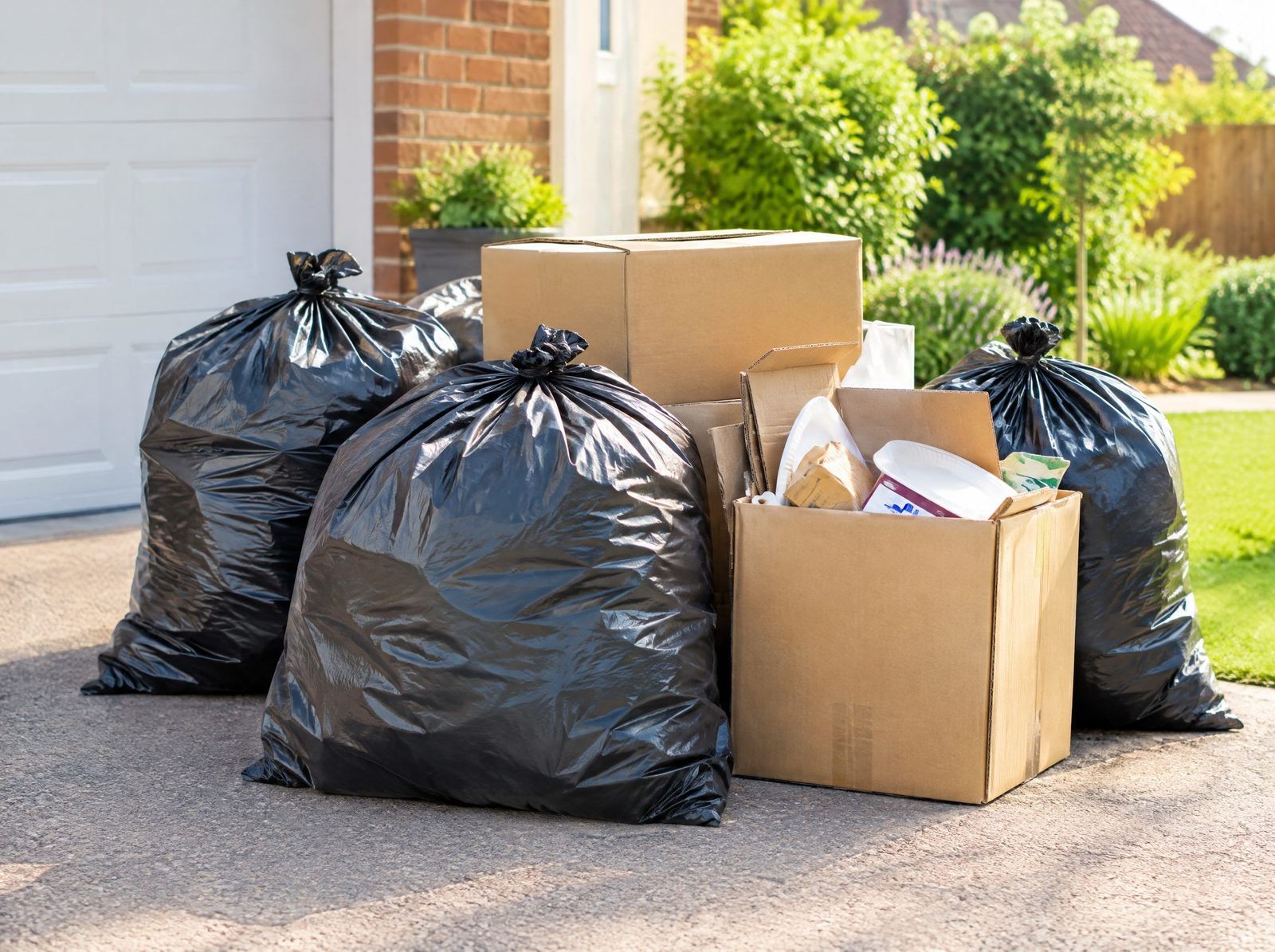 Tied rubbish bags and boxes of general household waste ready for collection