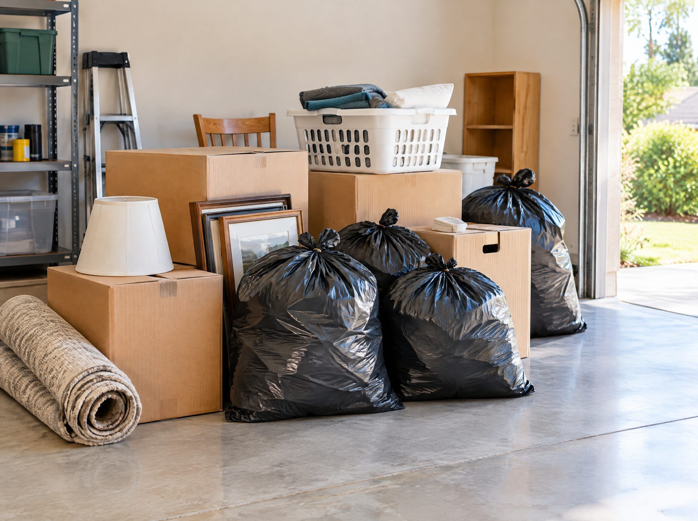 Assorted household junk, boxes and bags piled in a garage for removal