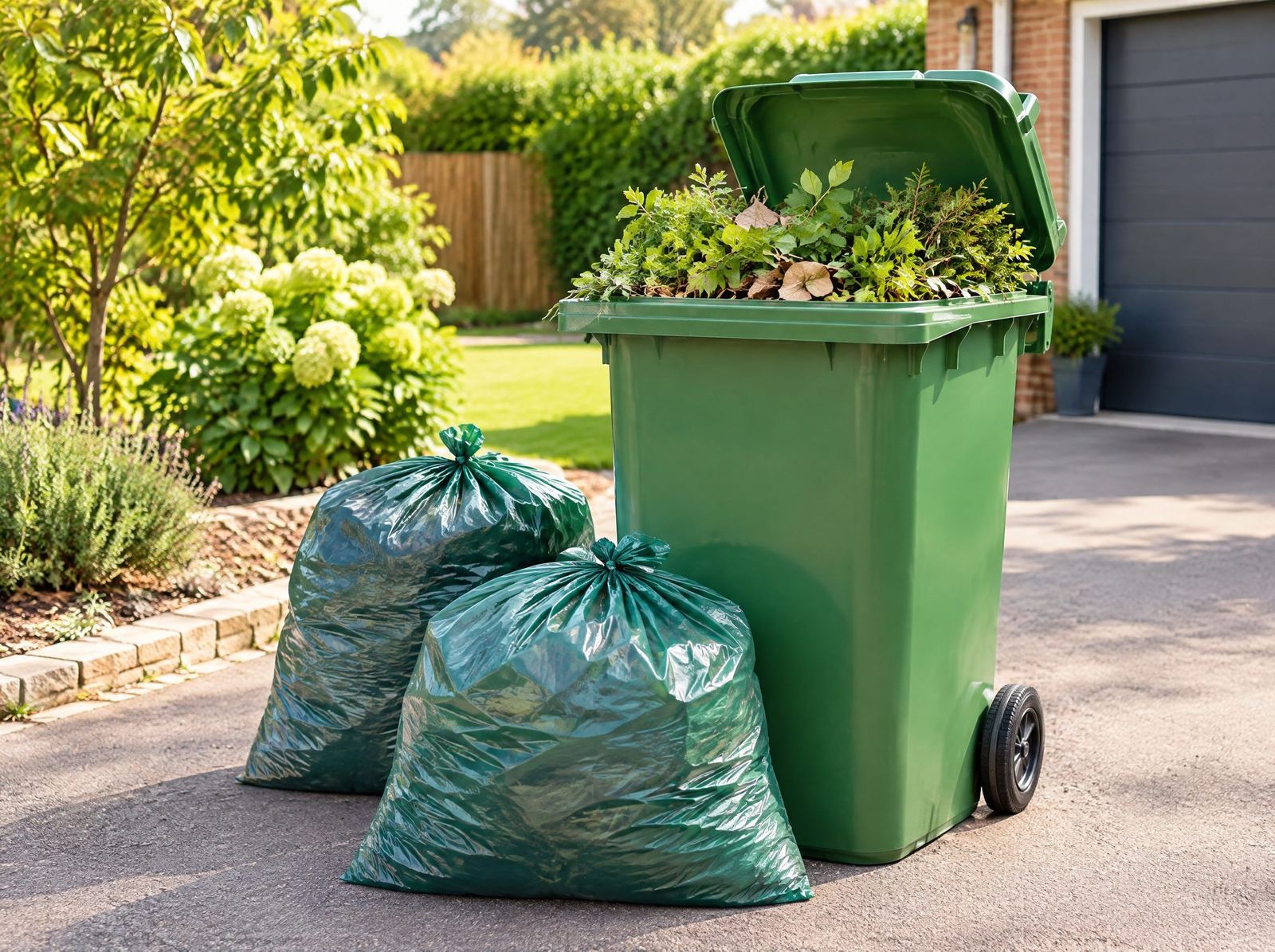 A green wheelie bin and bags filled with garden clippings