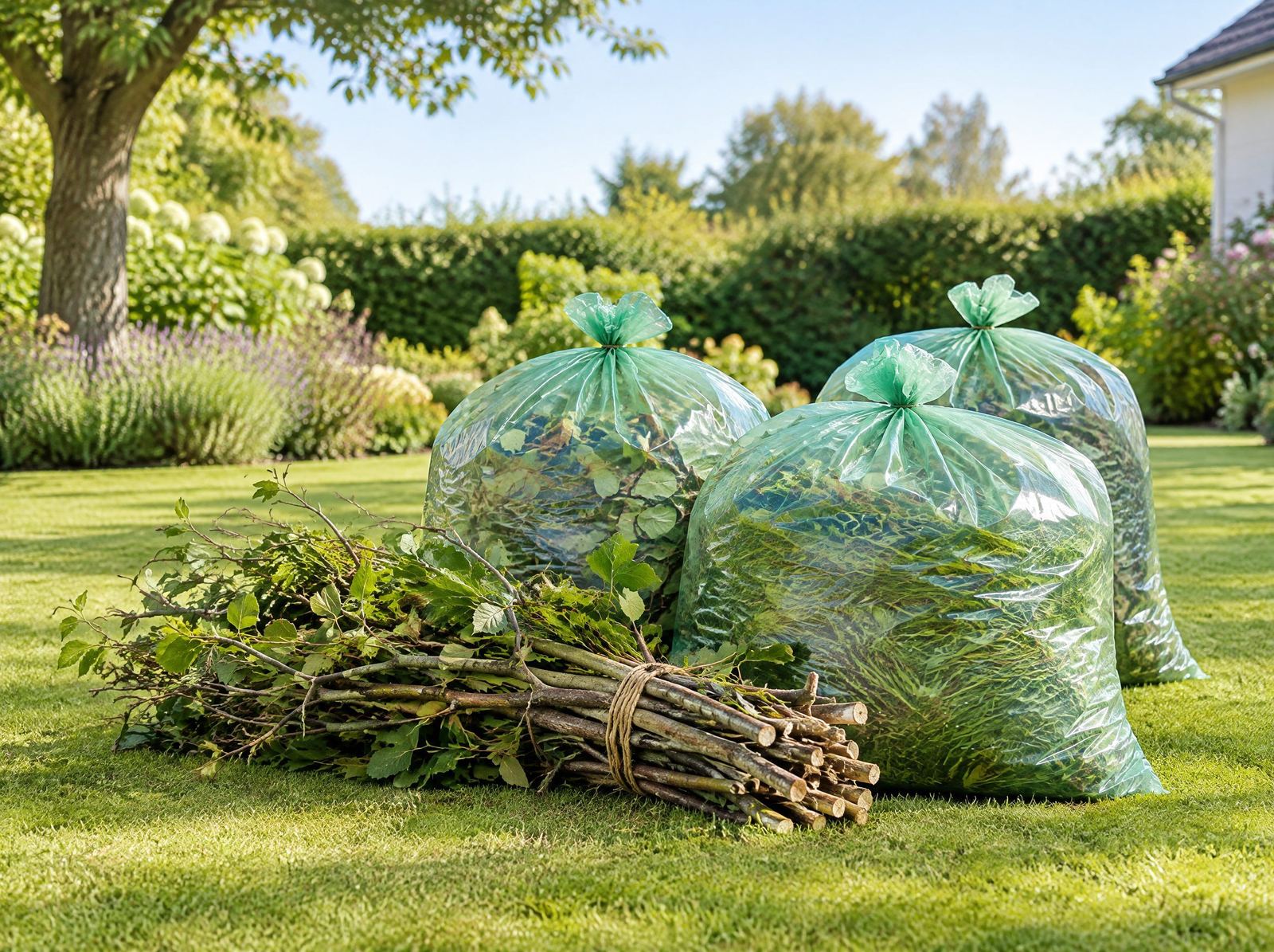 Bundled tree branches and bagged lawn clippings ready for pickup