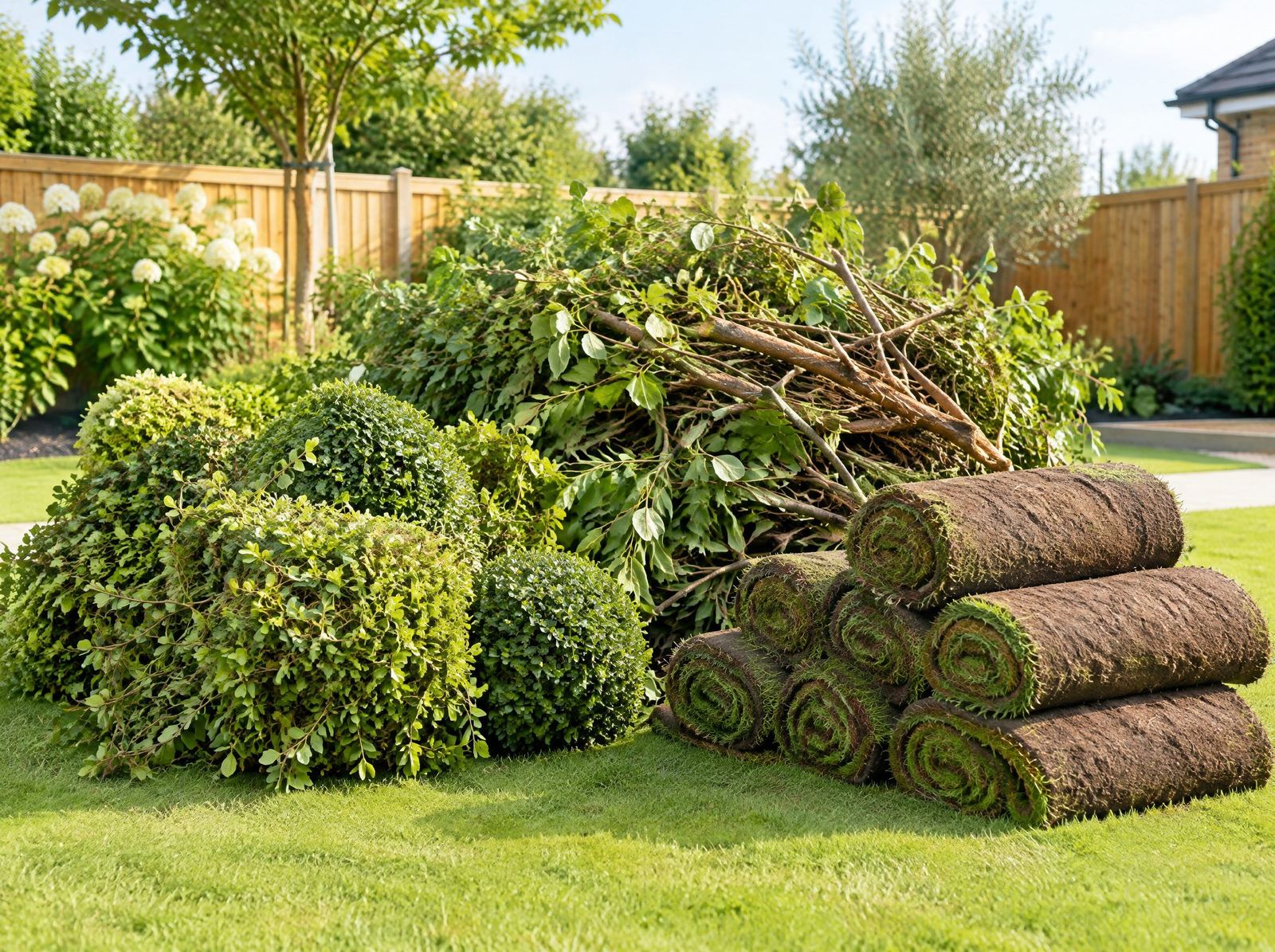 Landscaping green waste, trimmed shrubs, branches and turf rolls