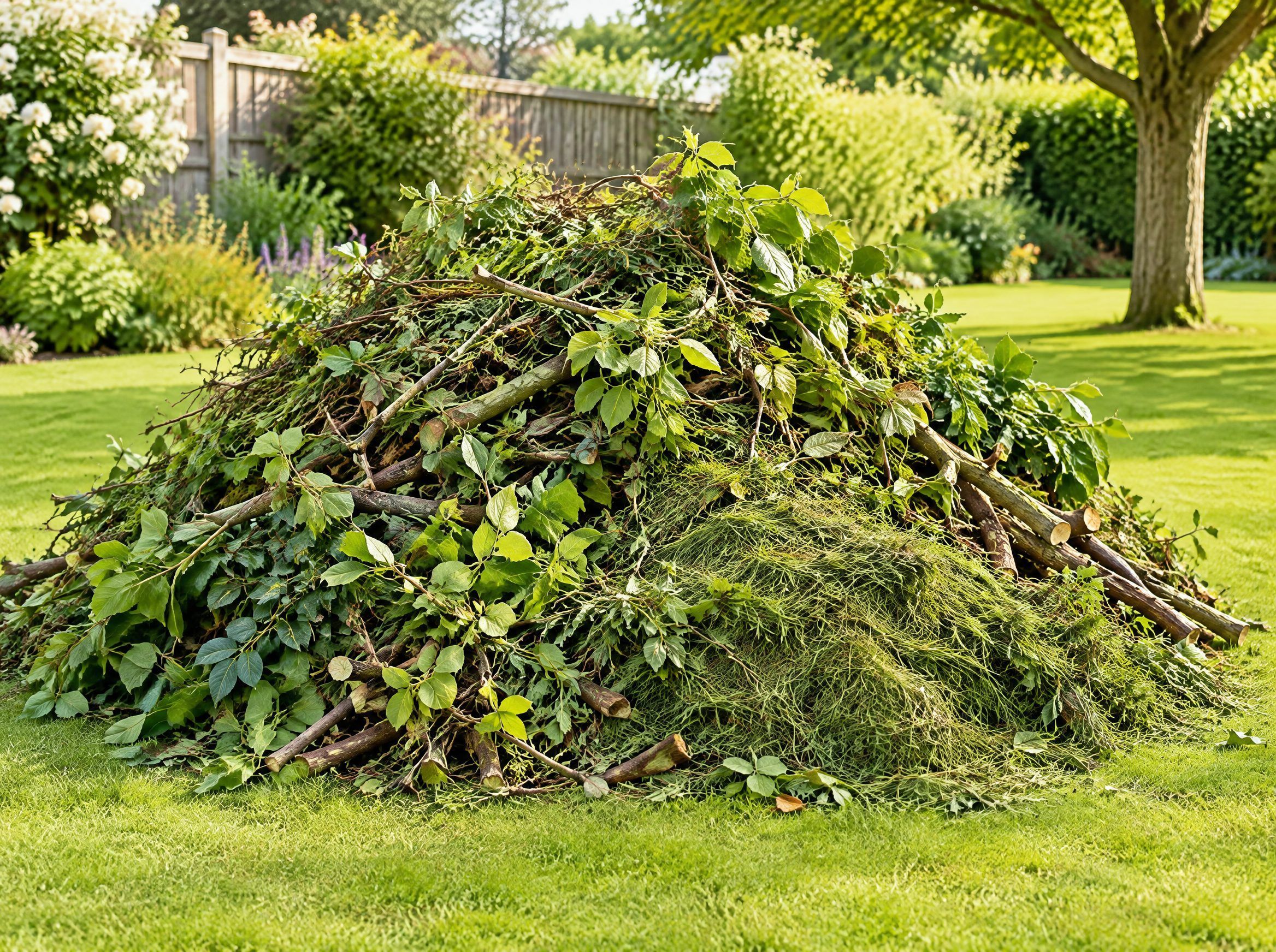 A large pile of garden green waste, branches and prunings on a lawn