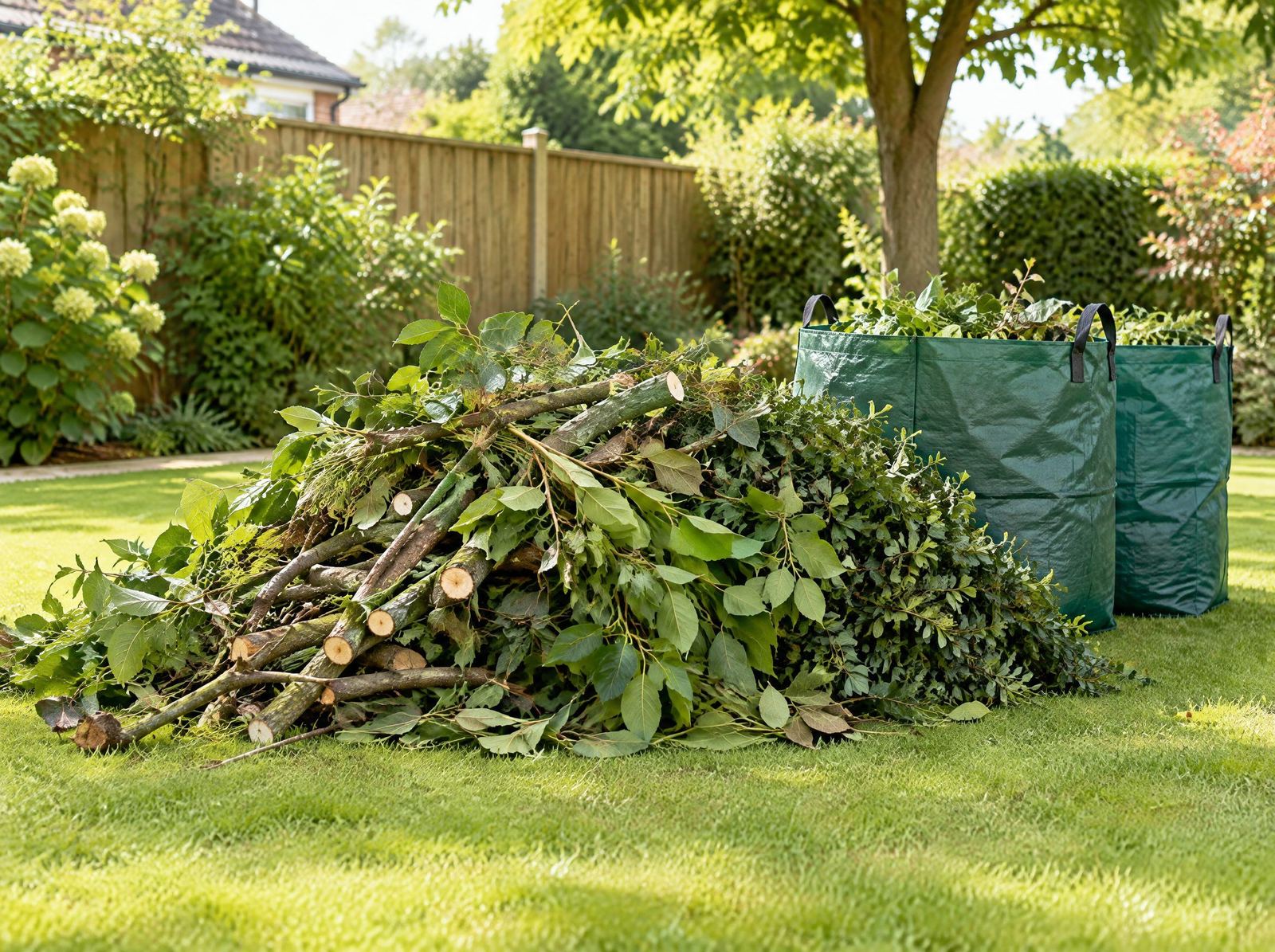 Garden green waste, branches and prunings bagged for collection