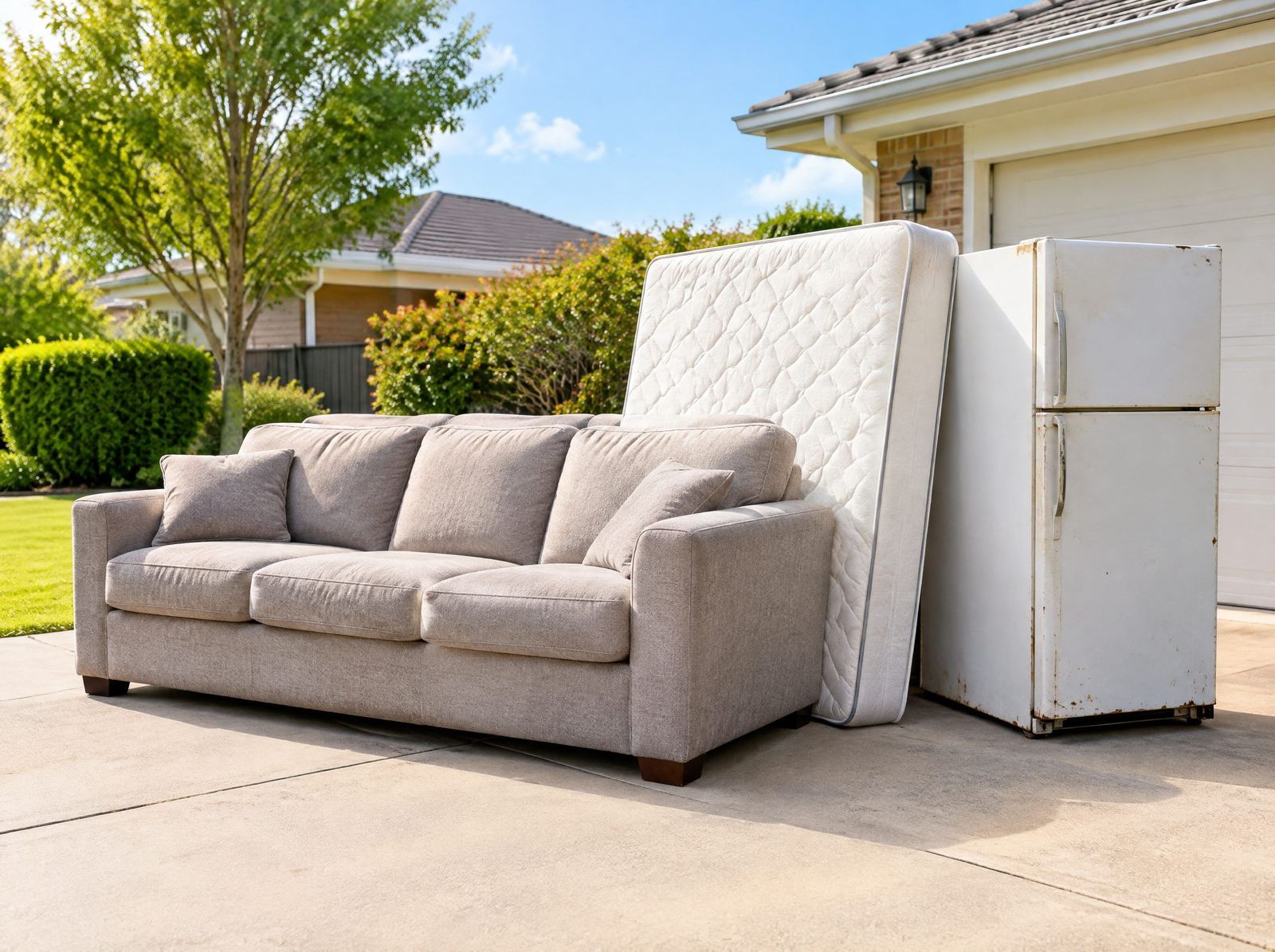 A bulky household load, a sofa, mattress and old fridge, grouped on a driveway for removal