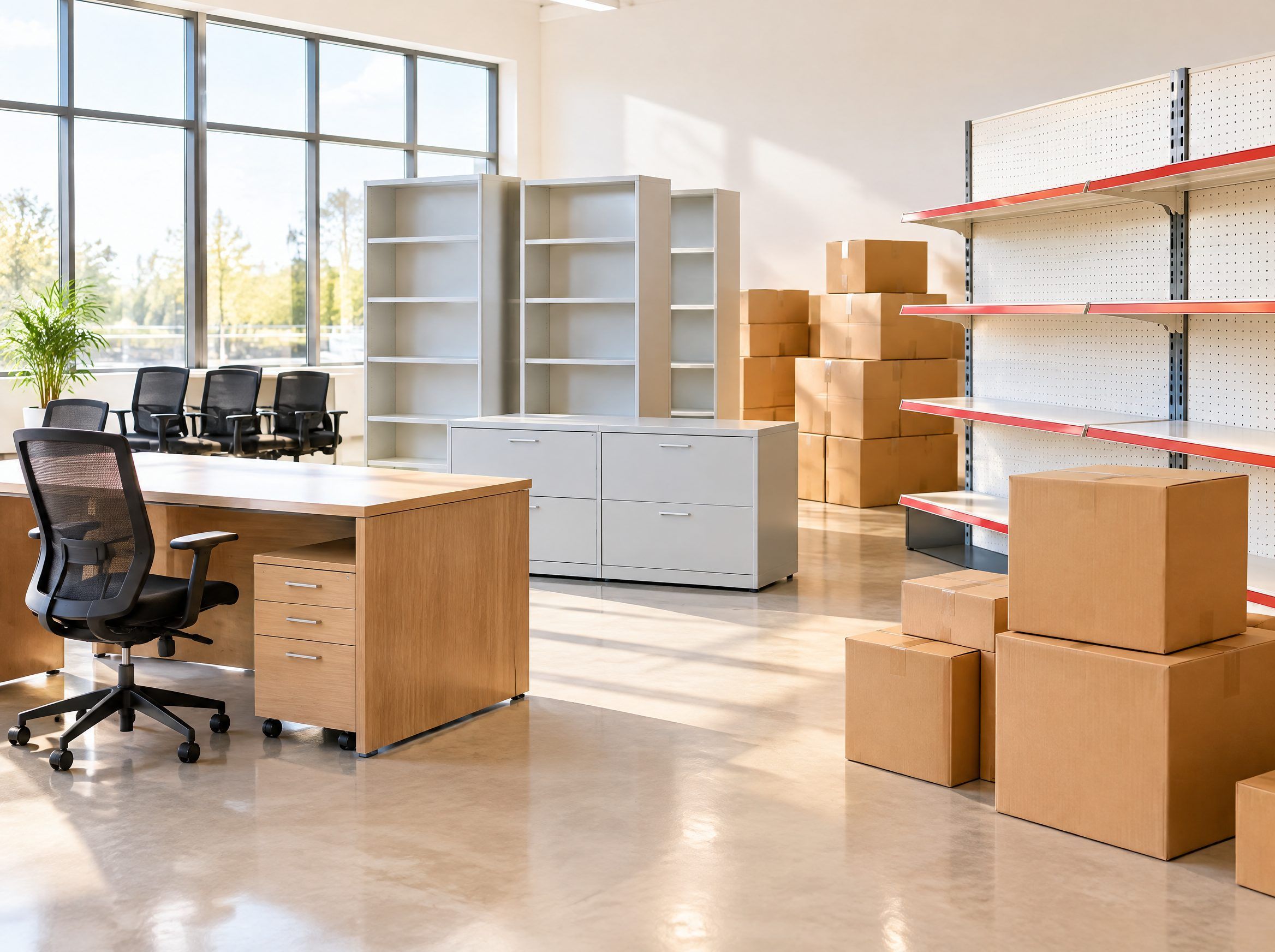 Office furniture, shelving and boxes grouped for a commercial clearance