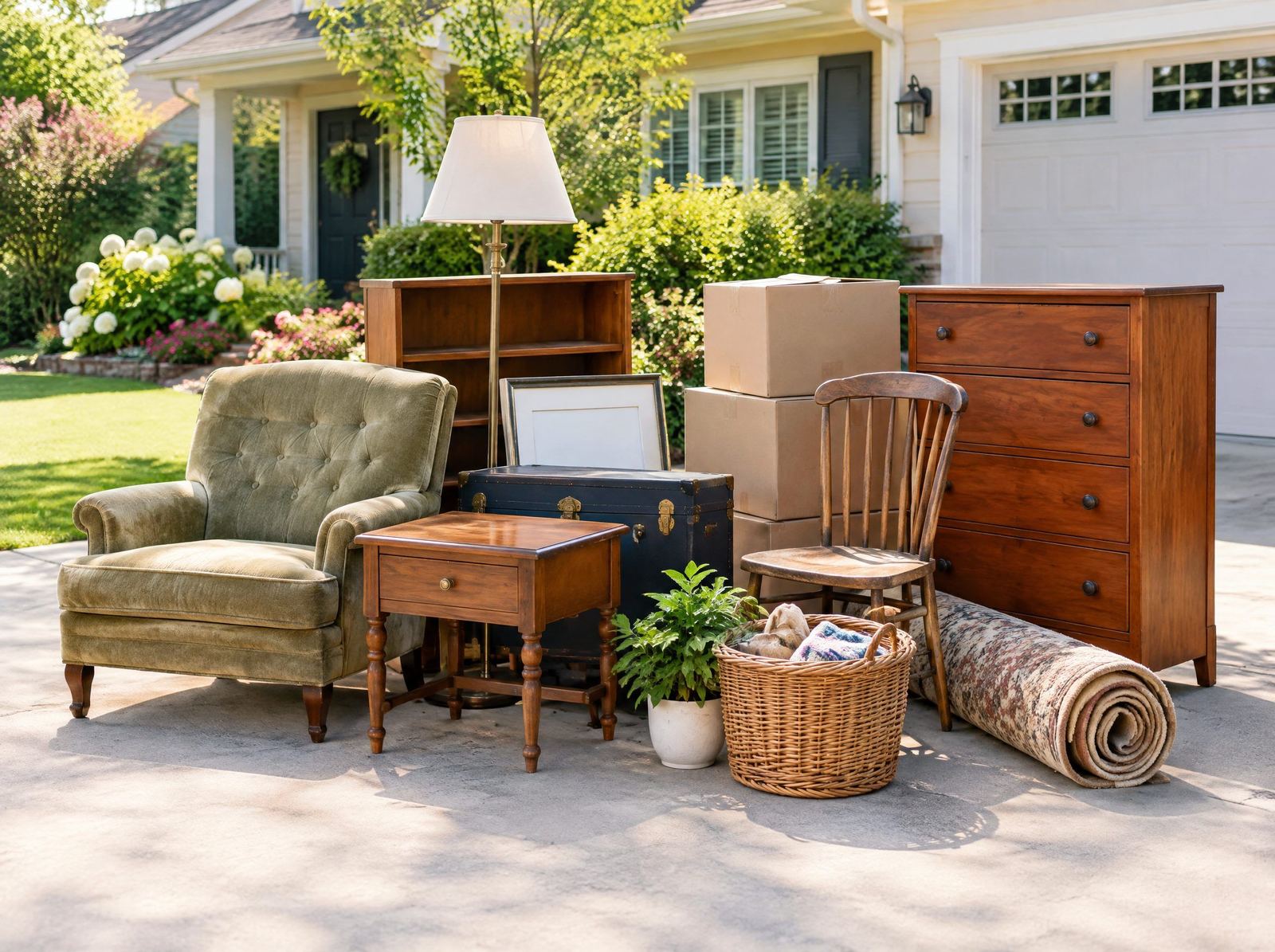 Household furniture and boxes cleared onto a tidy suburban driveway
