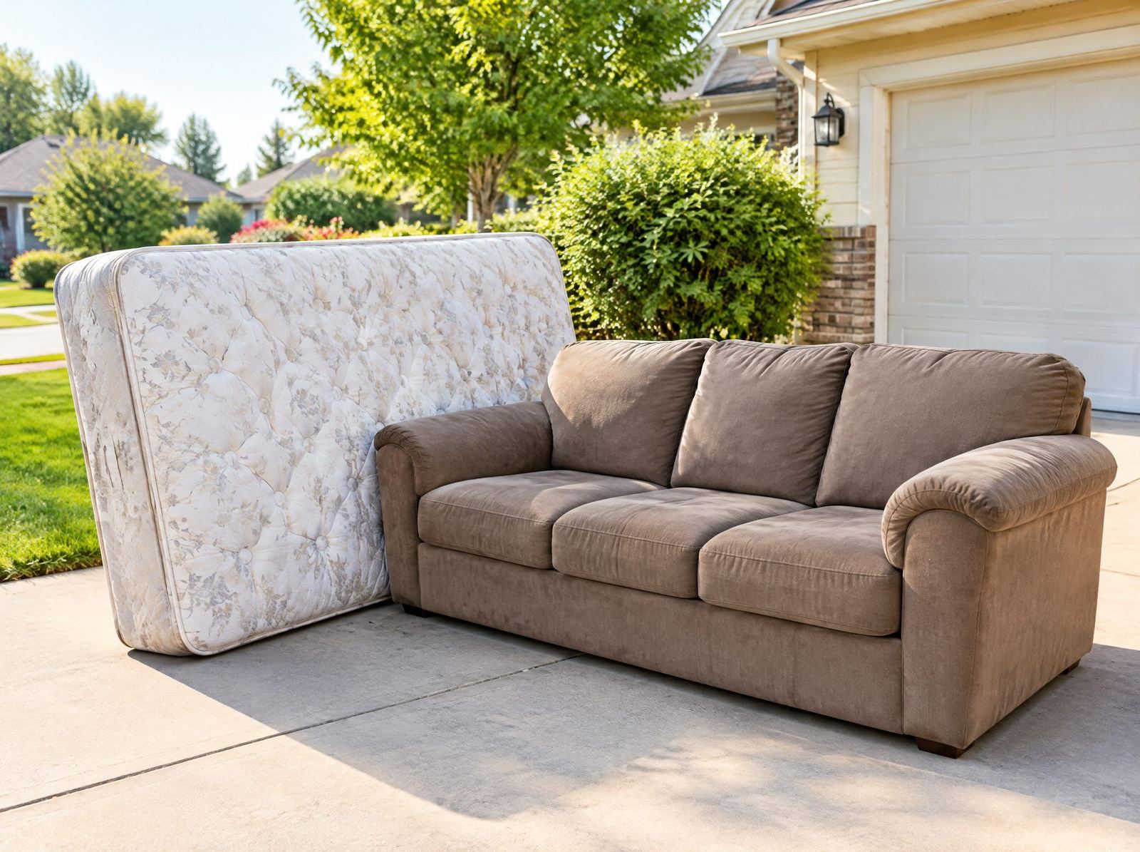 A bulky old mattress and oversized sofa set out for large item removal