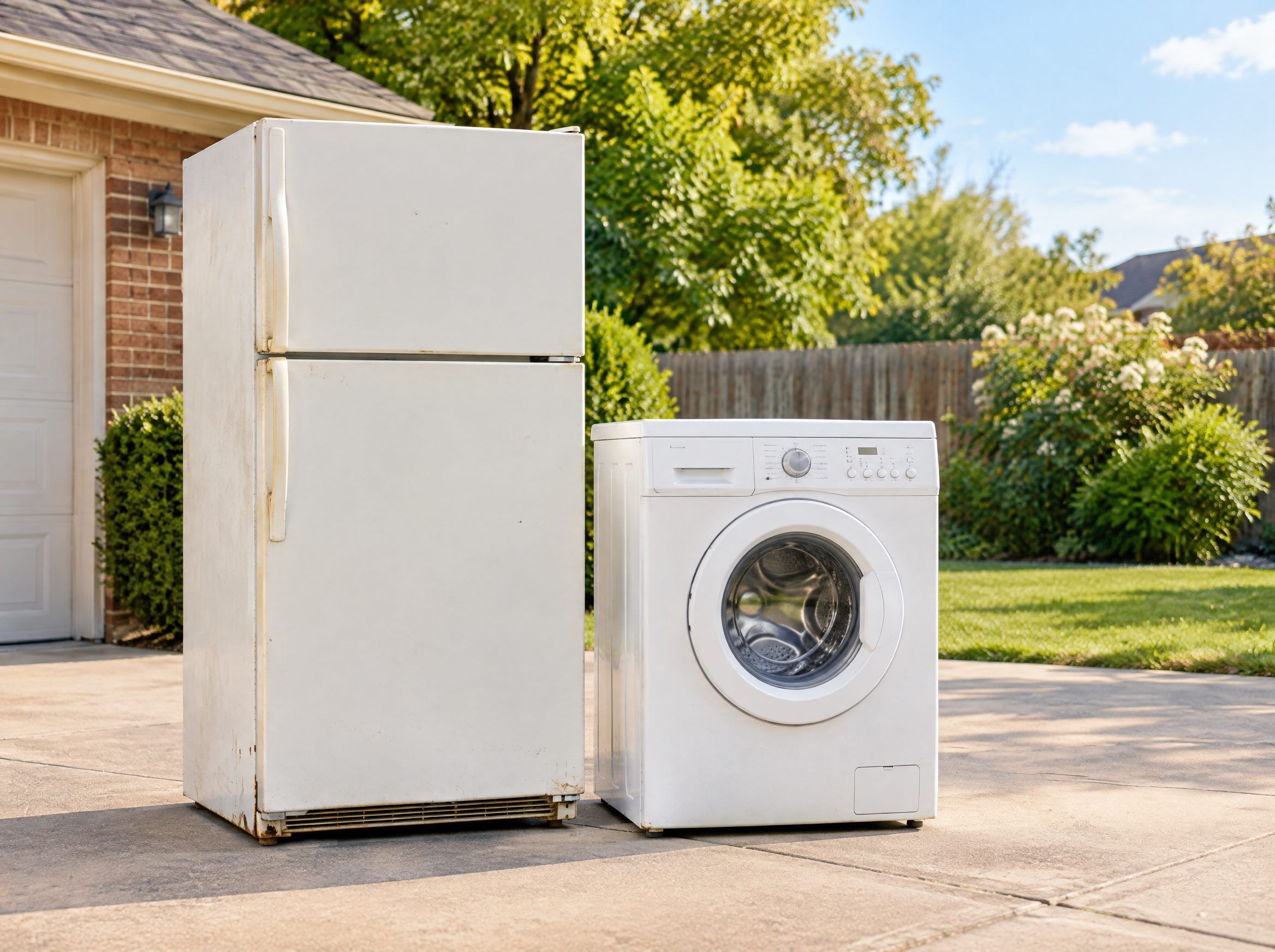 An old refrigerator and washing machine set out for whitegood removal