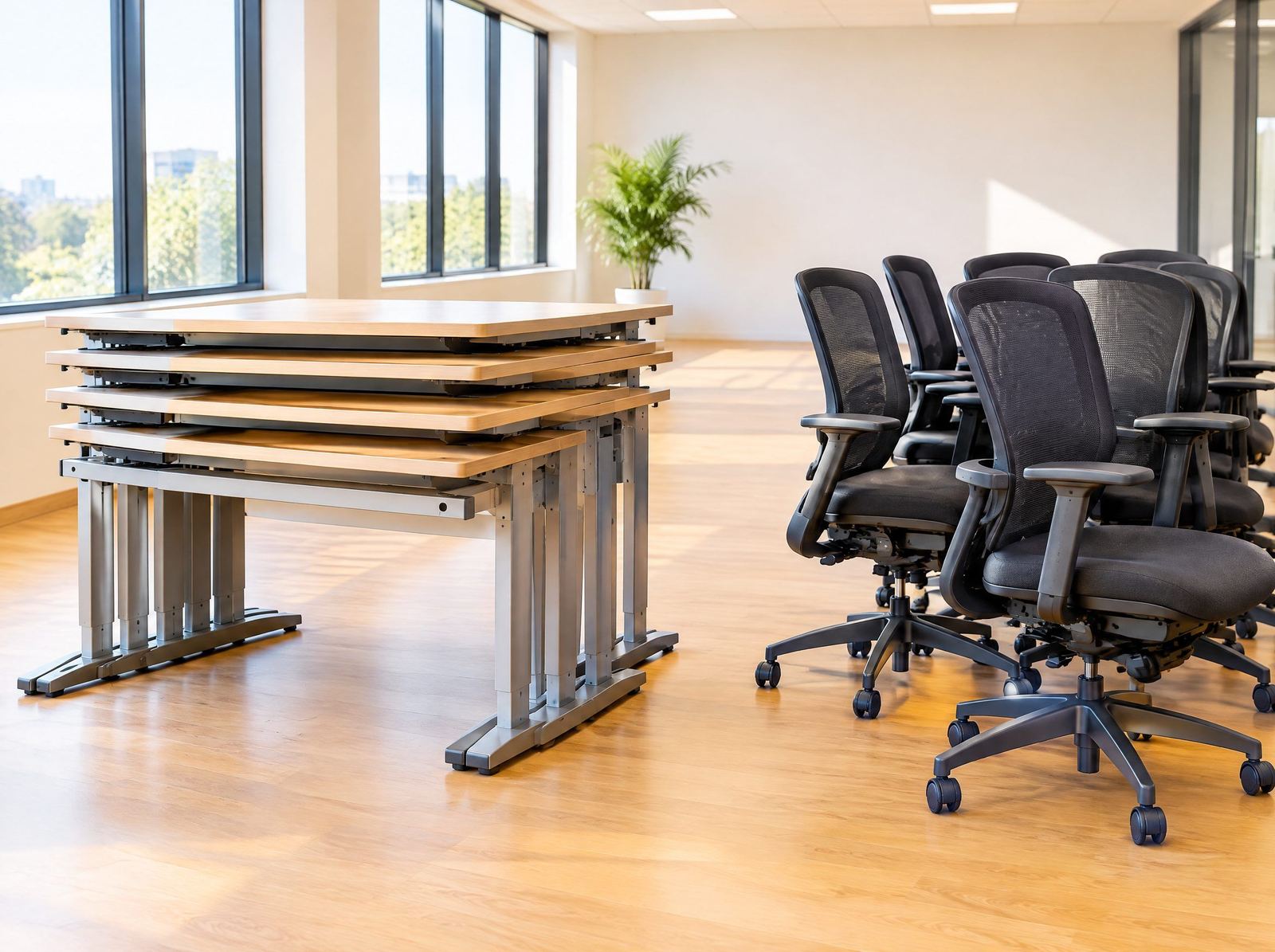 Office desks and chairs stacked for an office clearance
