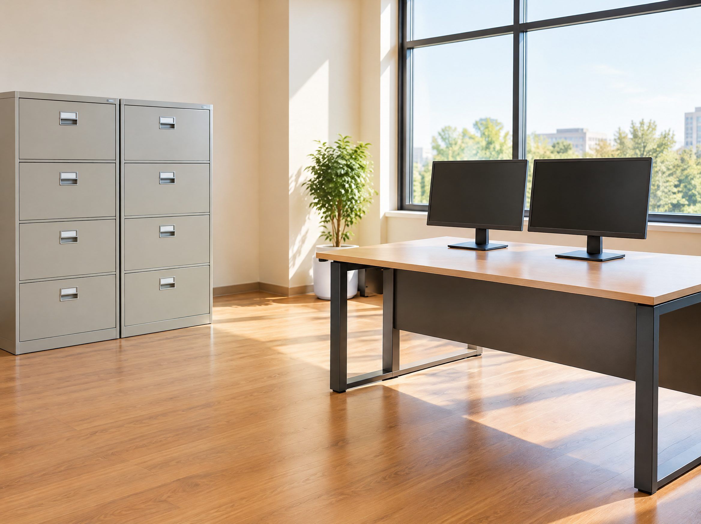 Office filing cabinets, monitors and a desk cleared for removal