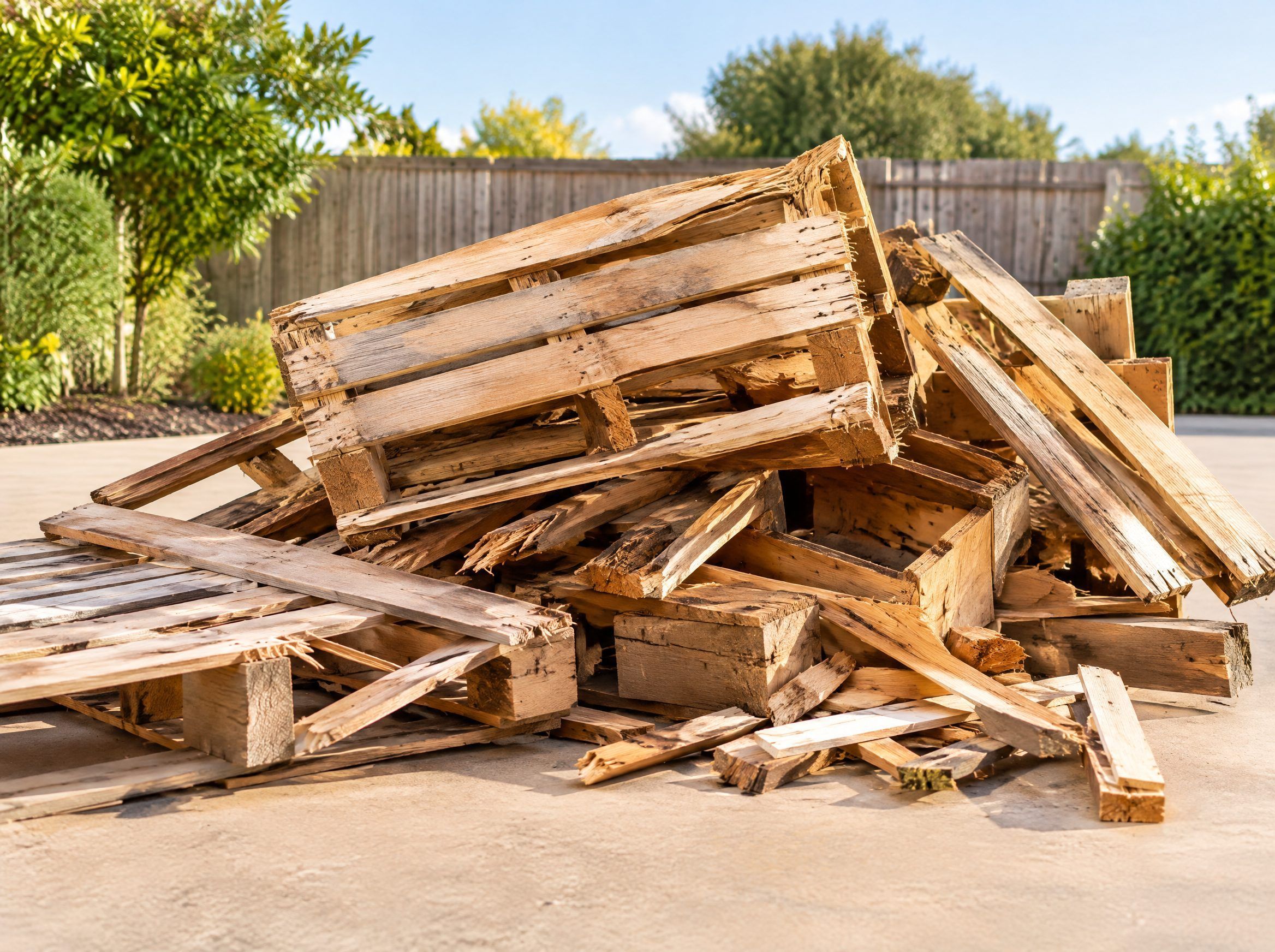 Broken and damaged timber pallets and offcuts piled for removal
