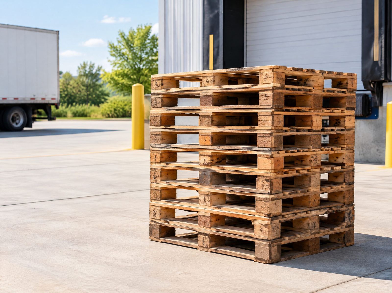 A neat stack of used timber pallets ready for removal
