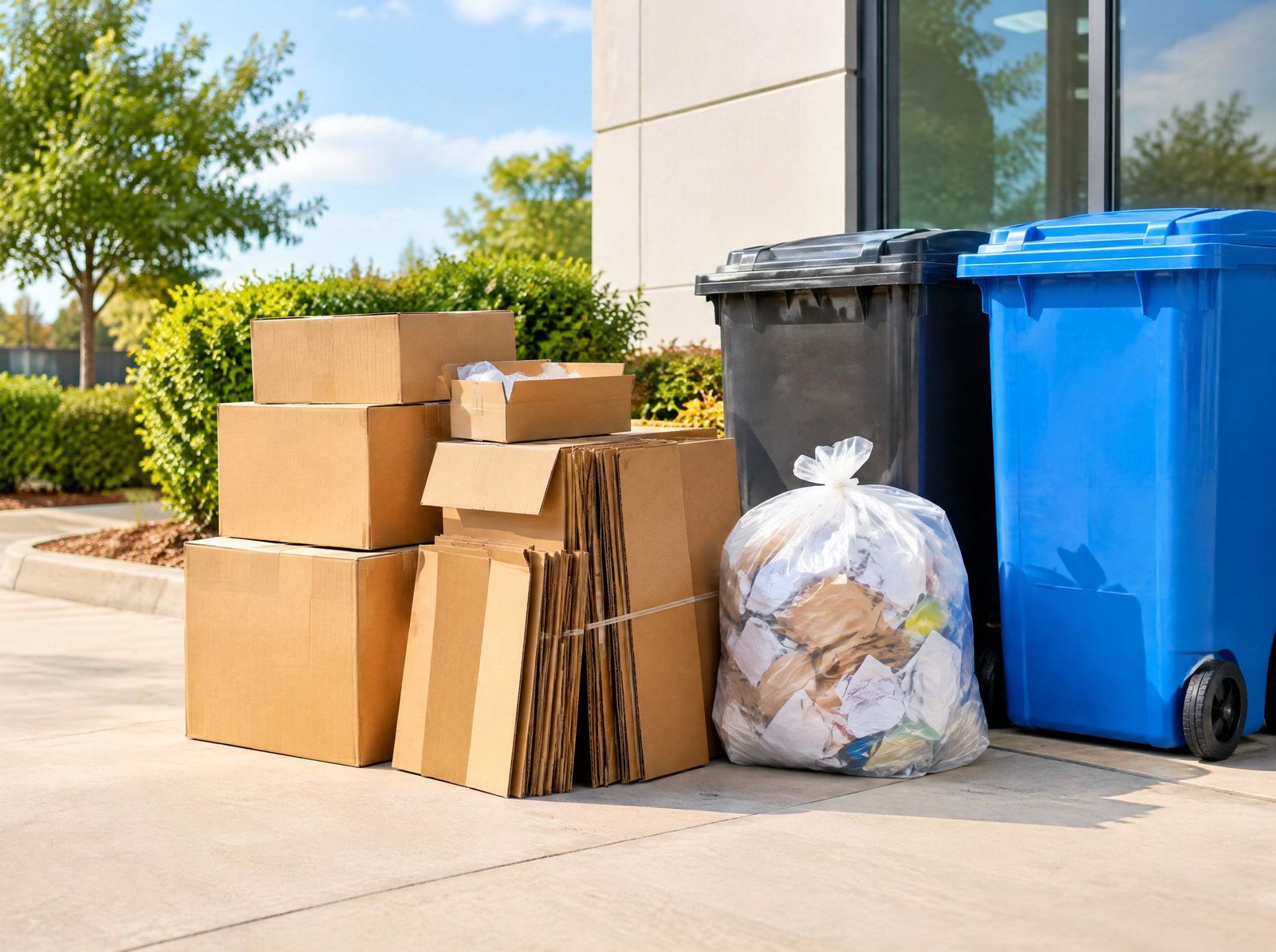 Cardboard boxes and general business waste ready for routine collection