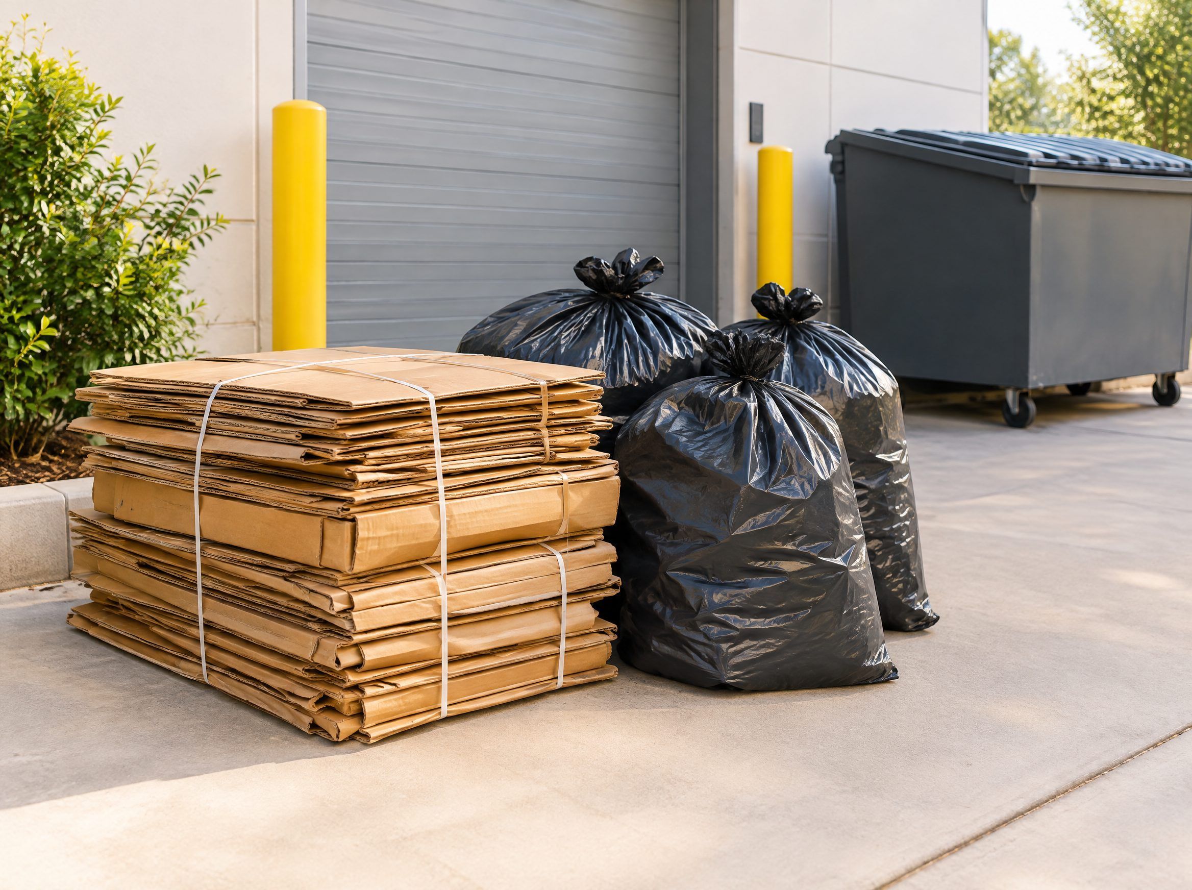 Flattened cardboard and commercial waste ready for scheduled collection