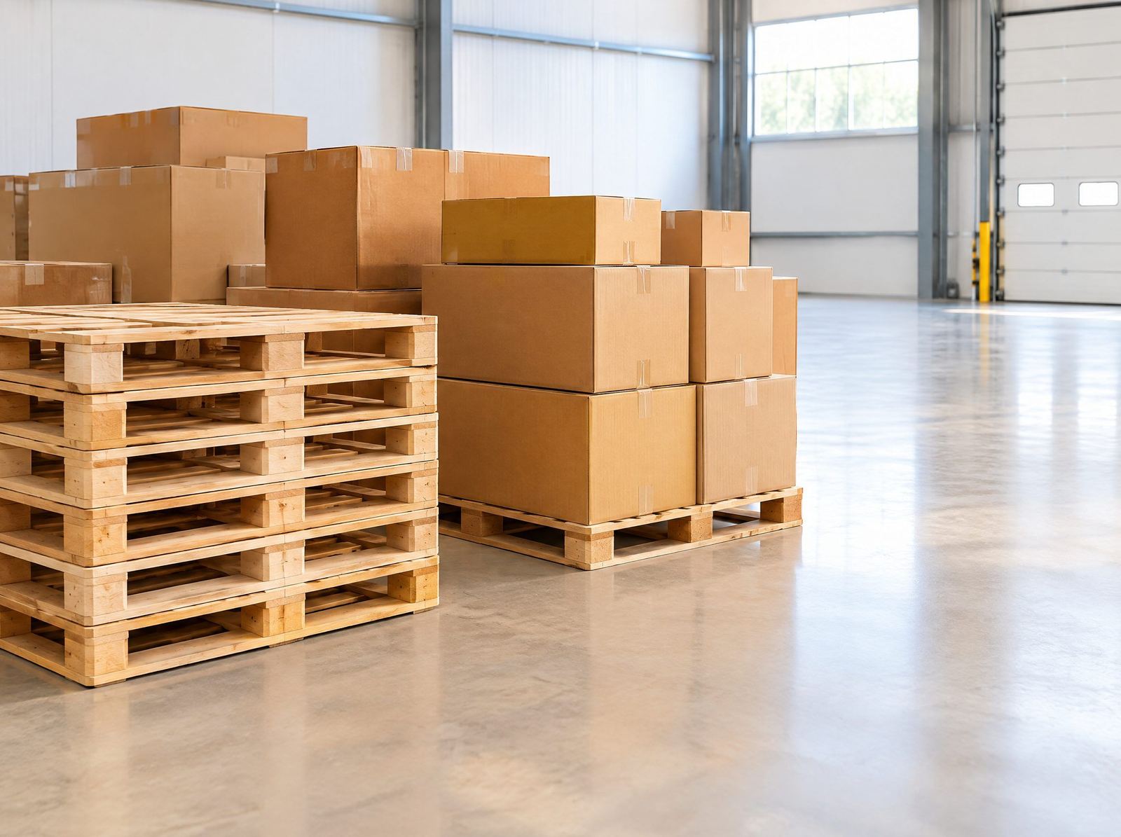 Timber pallets and cardboard packaging stacked for warehouse clearance