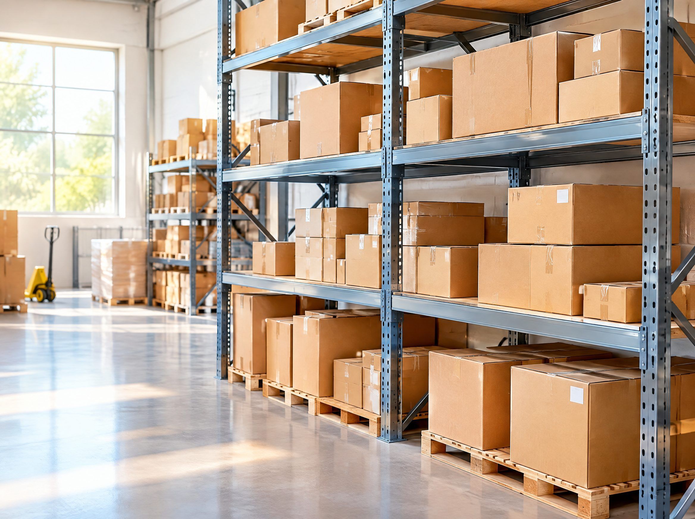 Industrial steel shelving and boxed stock ready for warehouse clearance