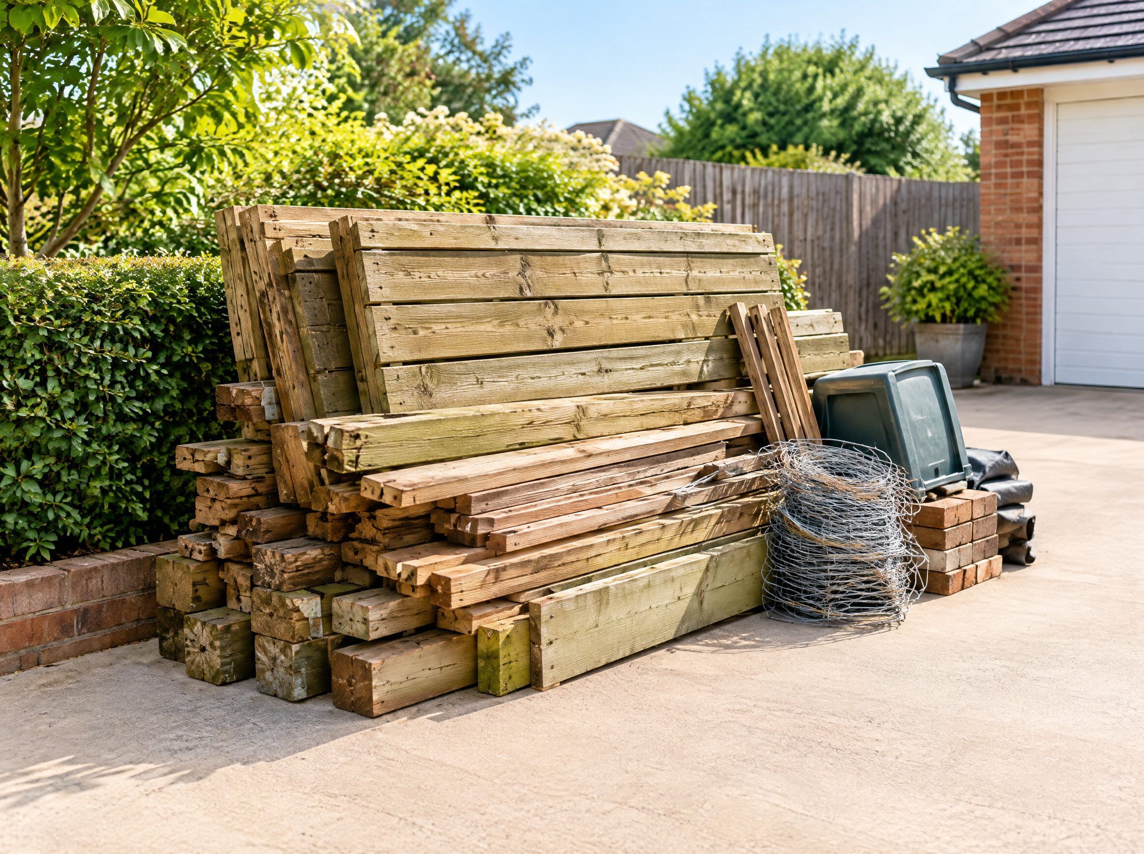 Removed timber fencing offcuts and outdoor junk stacked for removal