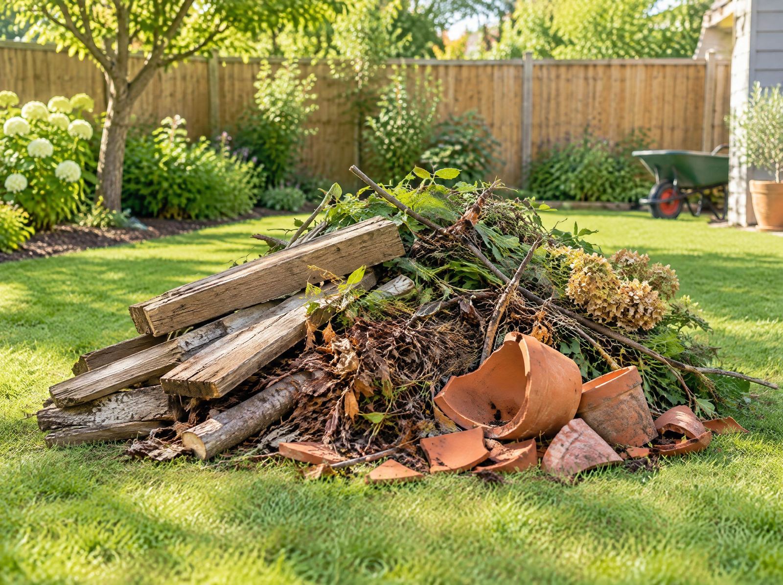 Yard waste, timber offcuts and garden debris cleared into a pile