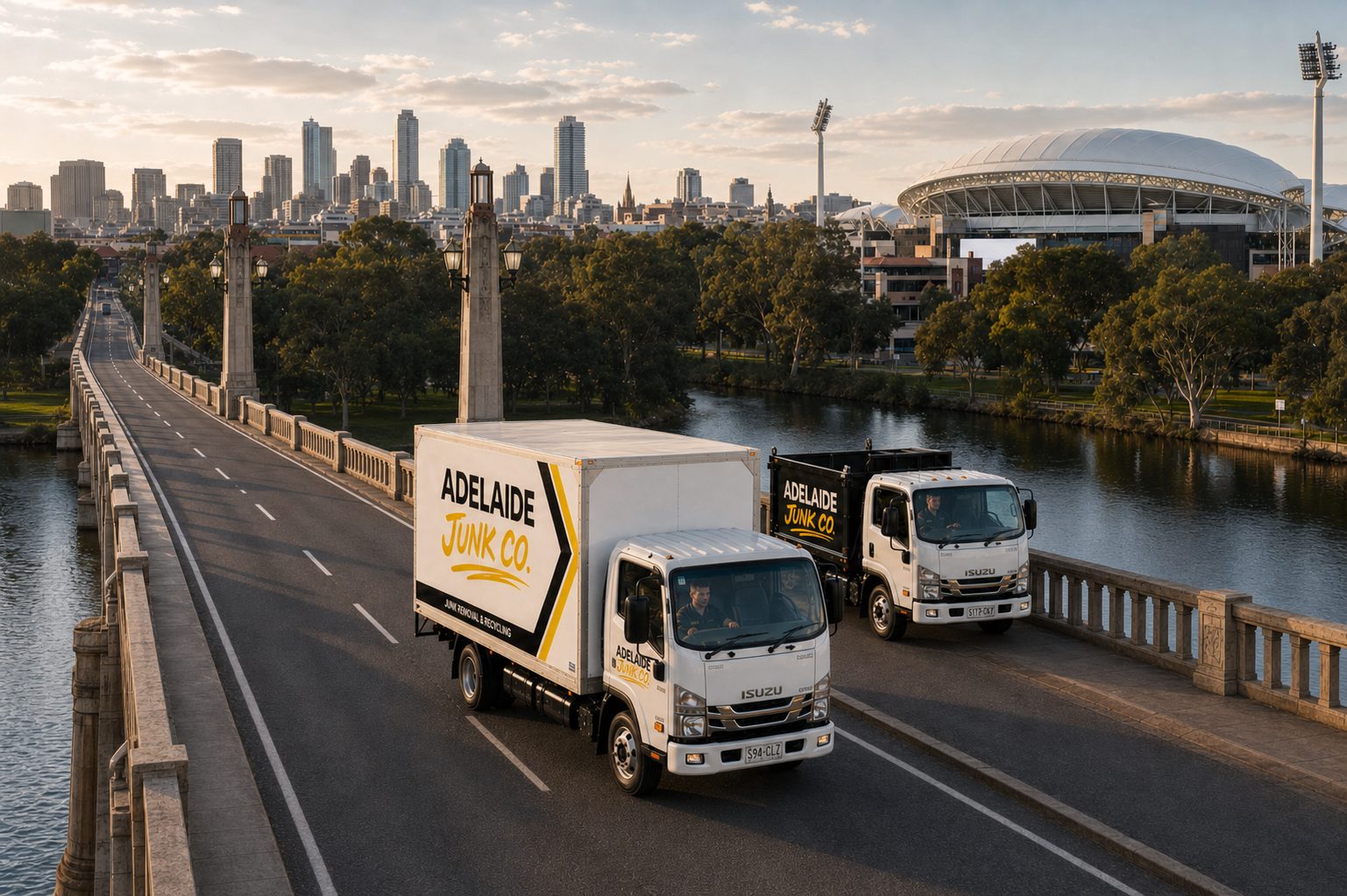 Adelaide Junk Co trucks crossing the Torrens