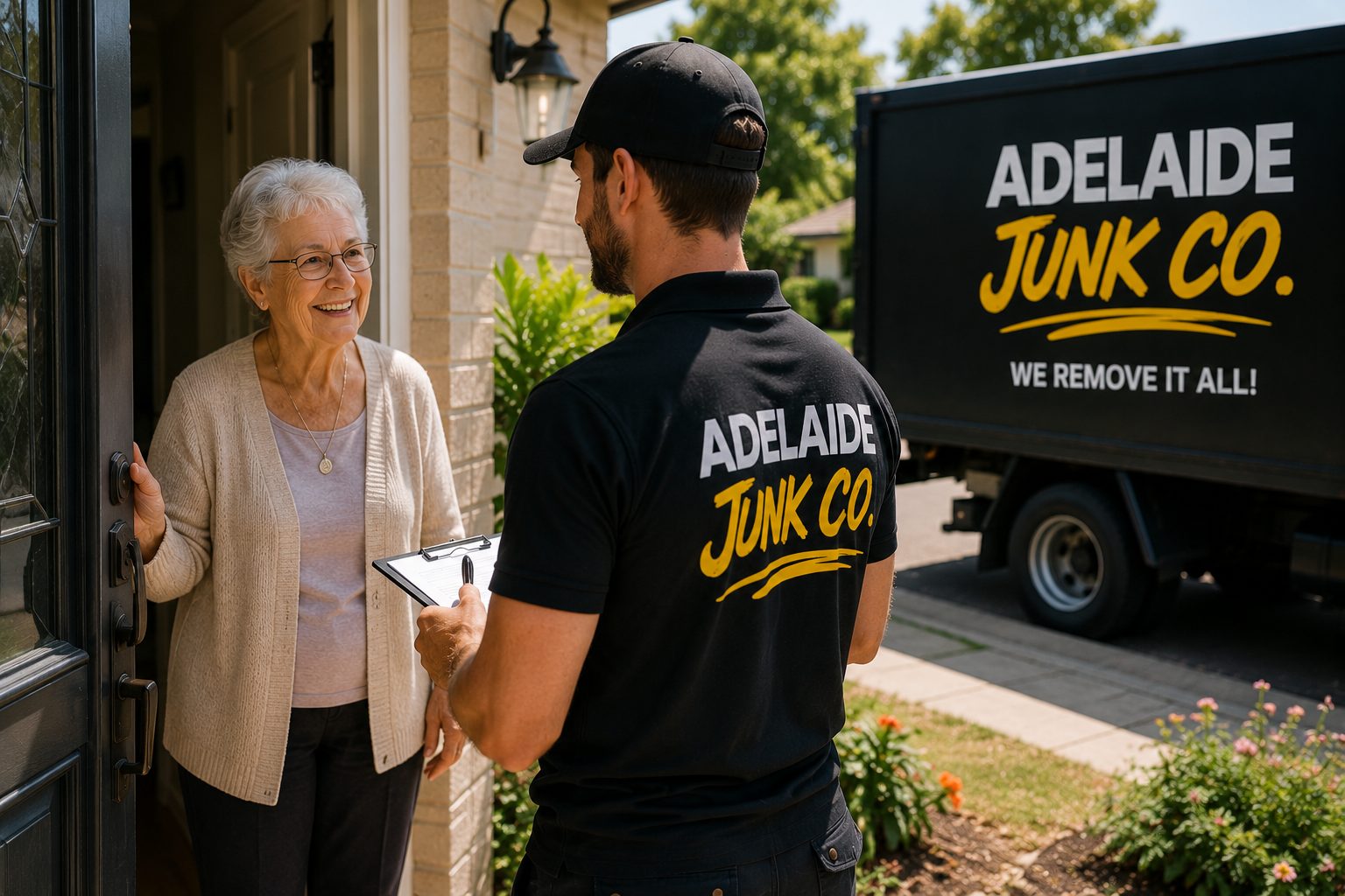 Adelaide Junk Co team member speaking with a customer at her door